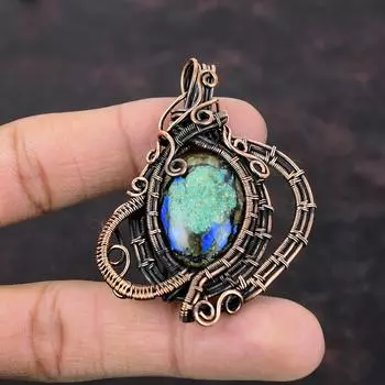 Подвеска из азурита и малахита, медная проволочная обертка, ювелирные изделия, красивая подвеска из драгоценных камней, медная подвеска, ювелирные изделия ручной работы, проволочная обертка, кулон для подарка