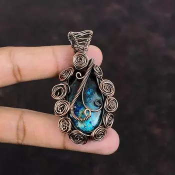 Подвеска из азурита и малахита, медная проволочная обертка, драгоценный камень, медная подвеска, ювелирное изделие ручной работы, проволочная обертка, подарок на годовщину для мамы