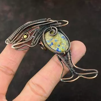 Подвеска из азурита и малахита, медная проволочная обертка из драгоценных камней, медные украшения, ручная работа, подвеска в виде рыбы, проволочная обертка, дизайнерские украшения, подарок для нее