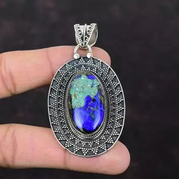 Подвеска из азурита и малахита, подвеска из натурального драгоценного камня, ювелирные изделия ручной работы, винтажная подвеска, подвеска из стерлингового серебра 925 пробы, подвеска с камнем для подарка