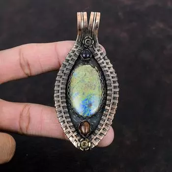 Подвеска из азурита и малахита, подвеска из медной проволоки, подвеска из красного дерева, обсидиана и синего солнечного камня, подвеска ручной работы из драгоценных камней, подарок на годовщину