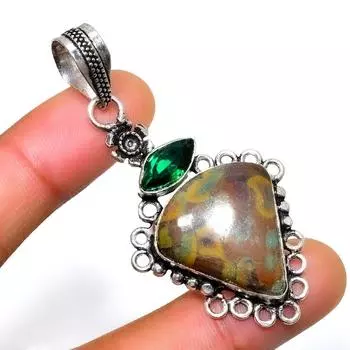 Подвеска из бамбуковой яшмы, диопсида, посеребренная 925 пробы, 2,27 дюйма 2.27 коричневый