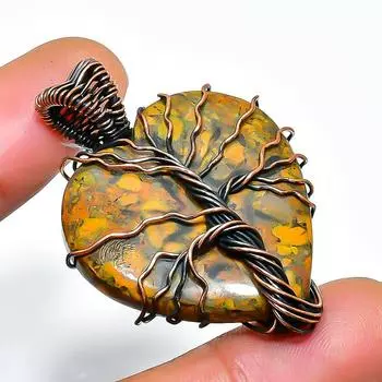 Подвеска из бамбуковой яшмы с драгоценным камнем, обмотанная вручную медной проволокой, 1,77 дюйма 1.77 коричневый