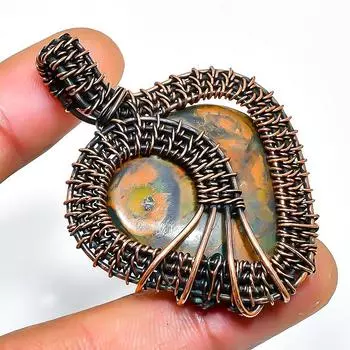 Подвеска из бамбуковой яшмы с драгоценным камнем, обмотанная вручную медной проволокой, 2,17 дюйма 2.17 коричневый