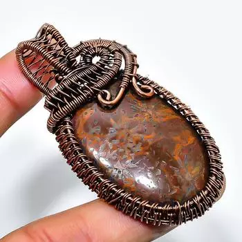 Подвеска из бамбуковой яшмы с драгоценным камнем, обмотанная вручную медной проволокой, 2,56 дюйма 2.56 коричневый