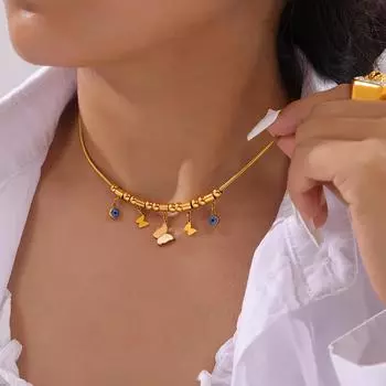 Подвеска из богемской голубой бирюзы, позолоченное ожерелье из титановой стали, бабочка, геометрические круглые бусины, аксессуары, цепочка на ключицу