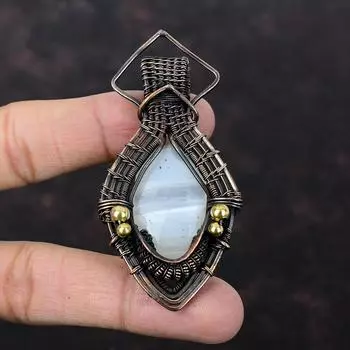 Подвеска из ботсванского агата, медная проволока, кулон с драгоценным камнем, приличный кулон ручной работы, ювелирные изделия, завернутые в проволоку, антикварные медные украшения, подарок для нее