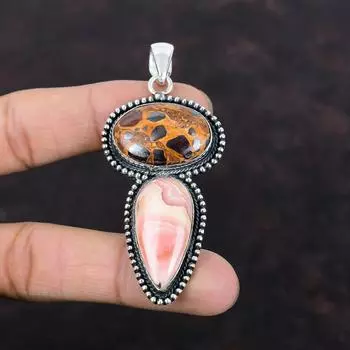 Подвеска из боксита и драгоценного камня, подвеска из родохрозита, подвеска из стерлингового серебра 925 пробы, винтажные ювелирные изделия, подвеска ручной работы, подарок для друга, дизайнерская подвеска
