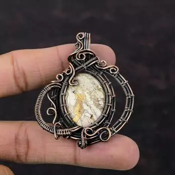 Подвеска из брекчиированного мукаита, подвеска из медной проволоки, обернутая драгоценным камнем, ручная работа, ювелирное изделие из проволоки, дизайнерский кулон, подарок для нее, потрясающие медные украшения