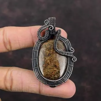 Подвеска из бронзита и меди, обернутая проволокой, подвеска ручной работы, медная проволока, подвеска из натурального драгоценного камня, подарок для нее, обернутая проволокой подвеска