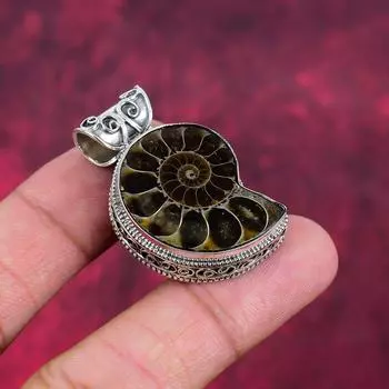 Подвеска из цельного серебра 925 пробы с ископаемым аммонитом, ювелирное изделие ручной работы с драгоценными камнями на День памяти 1.61 inches коричневый