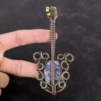 Подвеска из чароита, медная проволочная обертка, подвеска из драгоценного камня, подвеска в виде гитары ручной работы, проволочная обертка, ювелирное изделие, подвеска для подарка, медные украшения