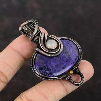 Подвеска из чароита, медная проволока, обернутая подвеска, ювелирные изделия из драгоценных камней, подвеска ручной работы, подвеска из радужного лунного камня, антикварная медная подвеска, подарок для нее