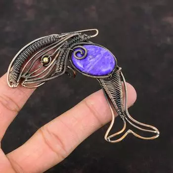 Подвеска из чароита, обмотанная медной проволокой, ювелирное изделие, подвеска ручной работы в виде рыбы, подвеска из драгоценного камня, изящное ювелирное изделие, обмотанная медной проволокой, подарок на годовщину