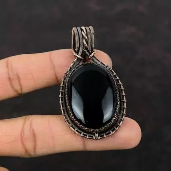 Подвеска из черного оникса, обернутая медной проволокой, подвеска из драгоценного камня, подвеска из черного оникса и меди, ручная работа, подвеска, обернутая проволокой, подарок для матери