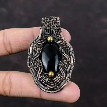 Подвеска из черного оникса, подвеска из медной проволоки, красивая медная бижутерия, этническая подвеска ручной работы, подвеска из драгоценных камней, подвеска для подарка