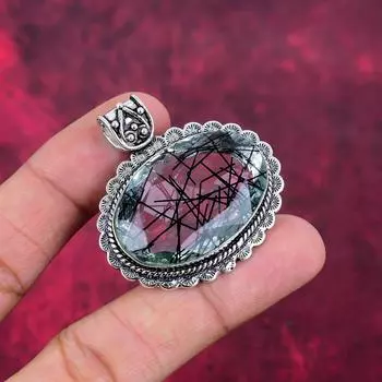 Подвеска из черного рутила, ювелирные изделия из цельного серебра 925 пробы с драгоценными камнями, подвеска ручной работы, на День памяти 1.77 Inches чёрный