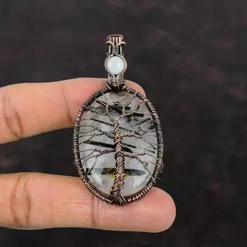 Подвеска из черного рутилового драгоценного камня «Дерево жизни», обернутая медной проволокой, изящная подвеска из радужного лунного камня, подарок для нее, медная подвеска ручной работы