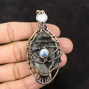 Подвеска из черного рутилового камня от сглаза, обернутая медной проволокой, ювелирные изделия из черного рутила, подвеска из радужного лунного камня от сглаза, ручная работа