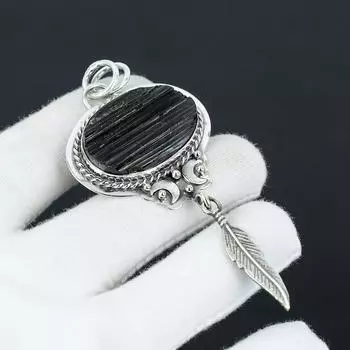 Подвеска из черного турмалина ручной работы с подвеской в виде пера из стерлингового серебра 925 пробы – идеальный подарок на Рождество, Новый год или любой другой праздник для нее 2.75 чёрный