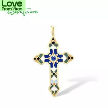 Подвеска из чистого серебра 925 пробы для женщин, сверкающая синяя шпинель, многоцветная эмаль, крест, ювелирное украшение ручной работы