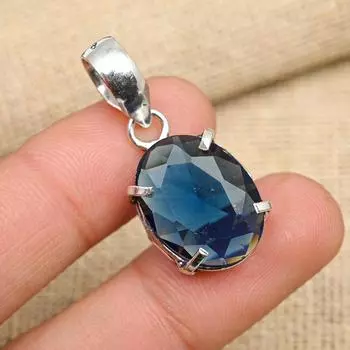 Подвеска из чистого серебра 925 пробы с синим сапфиром, созданный в лаборатории драгоценный камень ручной работы