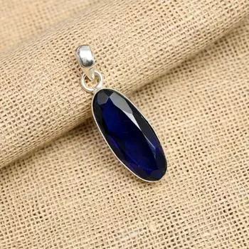 Подвеска из чистого серебра 925 пробы с синим сапфиром, созданный в лаборатории драгоценный камень ручной работы 1.75 Inches синий