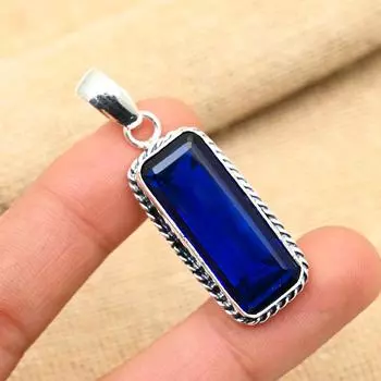Подвеска из чистого серебра 925 пробы с синим сапфиром, созданный в лаборатории драгоценный камень ручной работы 2 Inches синий