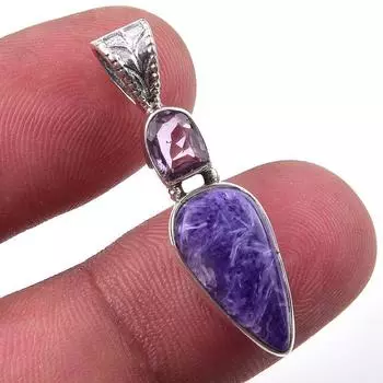 Подвеска из чистого серебра 925 пробы с натуральным чароитом и розовым аметистом 1,25 w0e79