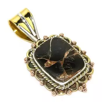 Подвеска из чистого серебра 925 пробы с натуральной черной бирюзой, двухцветная, 1,50 дюйма, J5G52