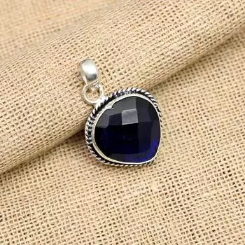 Подвеска из чистого серебра 925 пробы с синим сапфиром, созданный в лаборатории драгоценный камень ручной работы 1.50 Inches синий