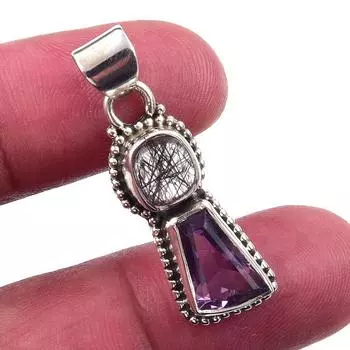 Подвеска из чистого серебра 925 пробы с натуральным розовым аметистом и черным рутилом 1,50 дюйма l4g98