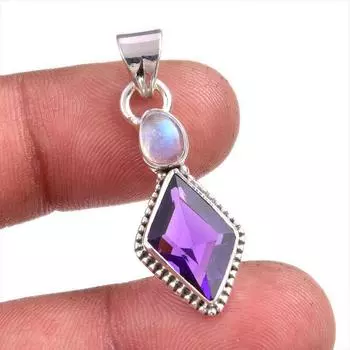 Подвеска из чистого серебра 925 пробы с натуральным аметистом и радужным лунным камнем, 1,50 дюйма, n7V84
