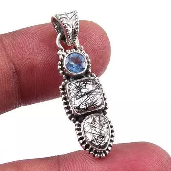 Подвеска из чистого серебра 925 пробы с натуральным черным рутилом и синим топазом, 1,50 дюйма m6t83