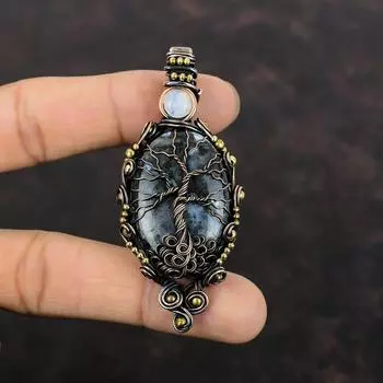 Подвеска из дерева жизни «Ларвикит», медная проволочная обертка, подвеска из радужного лунного камня, ювелирное изделие ручной работы из драгоценных камней, подарок для нее, медные украшения