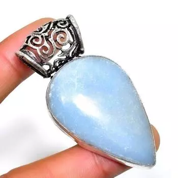 Подвеска из драгоценного камня ангелит с серебряным покрытием 925 пробы, ручная работа, 2,27 дюйма 2.27 синий