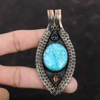 Подвеска из драгоценного камня Аризона Бирюза, подвеска из медной проволоки, подвеска из красного дерева, обсидиана и синего солнечного камня, ювелирные изделия ручной работы из медной проволоки