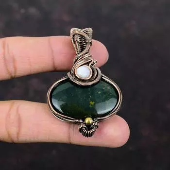 Подвеска из драгоценного камня Bloodstone, подвеска из медной проволоки, подвеска ручной работы, подвеска из радужного лунного камня, подарок для нее, уникальное ювелирное изделие из меди
