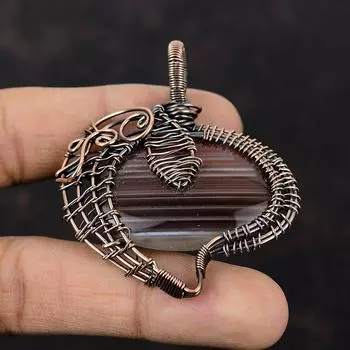 Подвеска из драгоценного камня Ботсванский агат, обернутая медной проволокой, ювелирное изделие ручной работы из меди, уникальный дизайнерский кулон, обернутая проволокой, кулон, подарки на помолвку