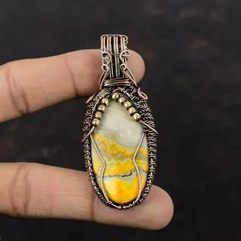 Подвеска из драгоценного камня Bumble Bee Jasper, подвеска из медной проволоки, уникальная медная бижутерия, элегантная подвеска ручной работы, подвеска из проволоки, подарок для него