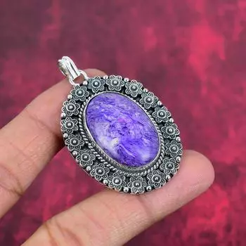 Подвеска из драгоценного камня чароит ручной работы, подвеска из цельного серебра 925 пробы, уникальный дизайн ювелирного украшения 2.16 Inches фиолетовый