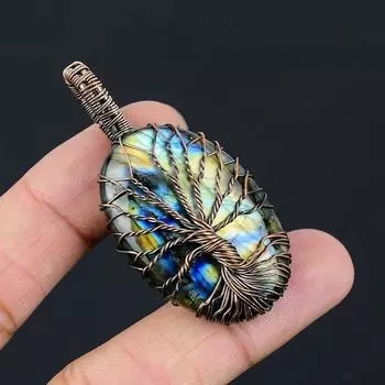 Подвеска из драгоценного камня «Дерево жизни» с лабрадоритом, подвеска из медной проволоки, подвеска из лабрадорита, подвеска ручной работы, лабрадорит, ювелирное изделие в подарок для нее синий