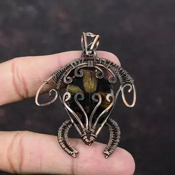 Подвеска из драгоценного камня хиастолит, обернутая медной проволокой, подвеска в виде черепахи, кулон ручной работы, обернутый медной проволокой, специальный женский подарок