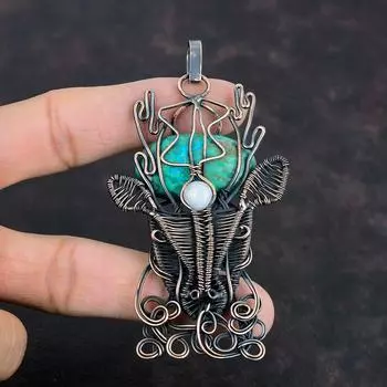 Подвеска из драгоценного камня хризоколла, подвеска ручной работы из медной проволоки, подвеска из радужного лунного камня, медные украшения, подвеска в виде оленьей морды, подарки для мамы