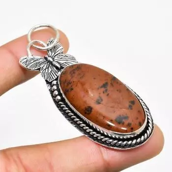 Подвеска из драгоценного камня красного дерева и обсидиана, покрытая серебром 925 пробы, ручная работа, 2,46 дюйма 2.46 коричневый