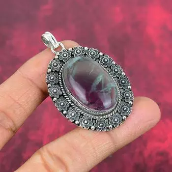 Подвеска из драгоценного камня кристалл кварц, 925 пробы серебряная подвеска, антикварное украшение ручной работы в подарок маме 2.16 Inches розовый