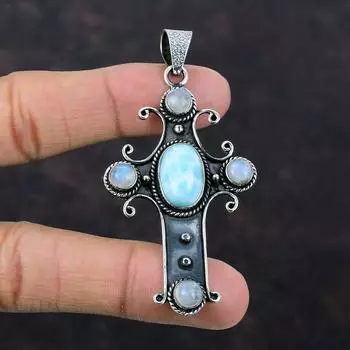 Подвеска из драгоценного камня Ларимар Радужная подвеска из лунного камня Крест Подвеска Подвеска из стерлингового серебра 925 пробы Уникальная подвеска ручной работы Серебряные украшения для подарка