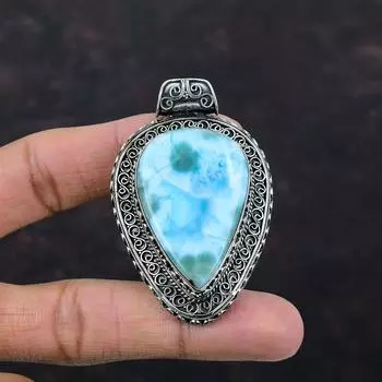 Подвеска из драгоценного камня Ларимар, винтажная подвеска, подвеска из стерлингового серебра 925 пробы, натуральный Ларимар, ювелирные изделия, подвеска ручной работы, подарок на помолвку, изысканная подвеска