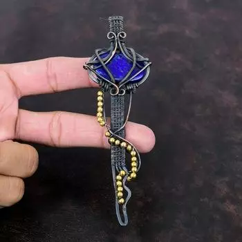 Подвеска из драгоценного камня лазурит, подвеска из медной проволоки, ювелирное изделие из лазурита, подвеска ручной работы из меди, дизайнерское ювелирное изделие, брелок для подарка