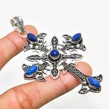 Подвеска из драгоценного камня лазурита ручной работы с серебряным покрытием 925 пробы 3,21 дюйма 3.21 синий